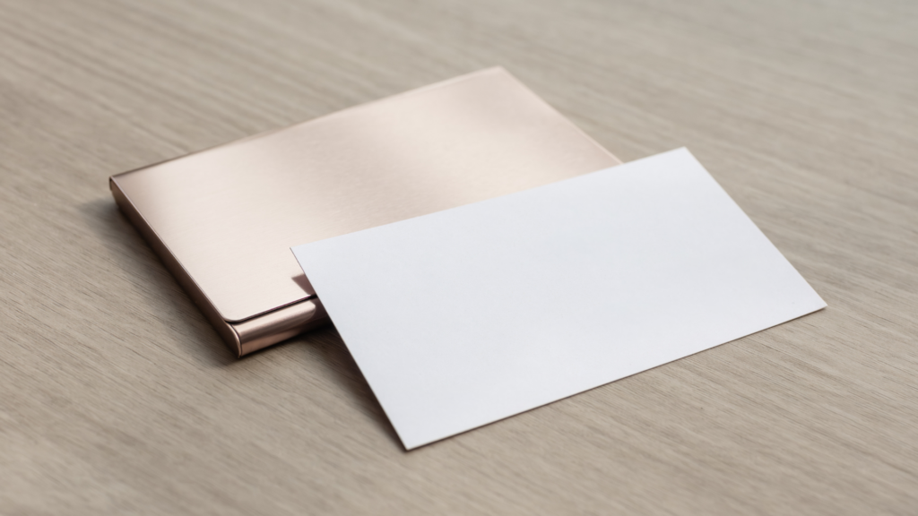 carte de visite en papier posée sur un support en métal